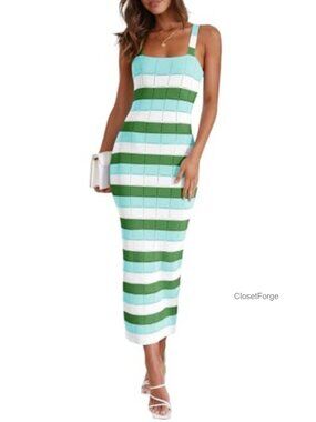 Sleeveless Knit Bodycon Midi Dress Square Neck Color Block Summer